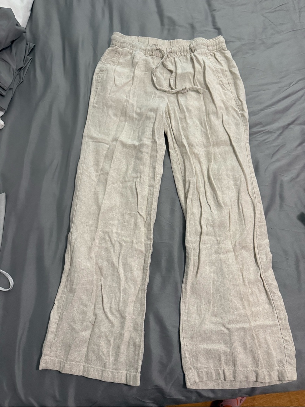 Old Navy Light Beige Linen Boot-Cut Drawstring Pants
